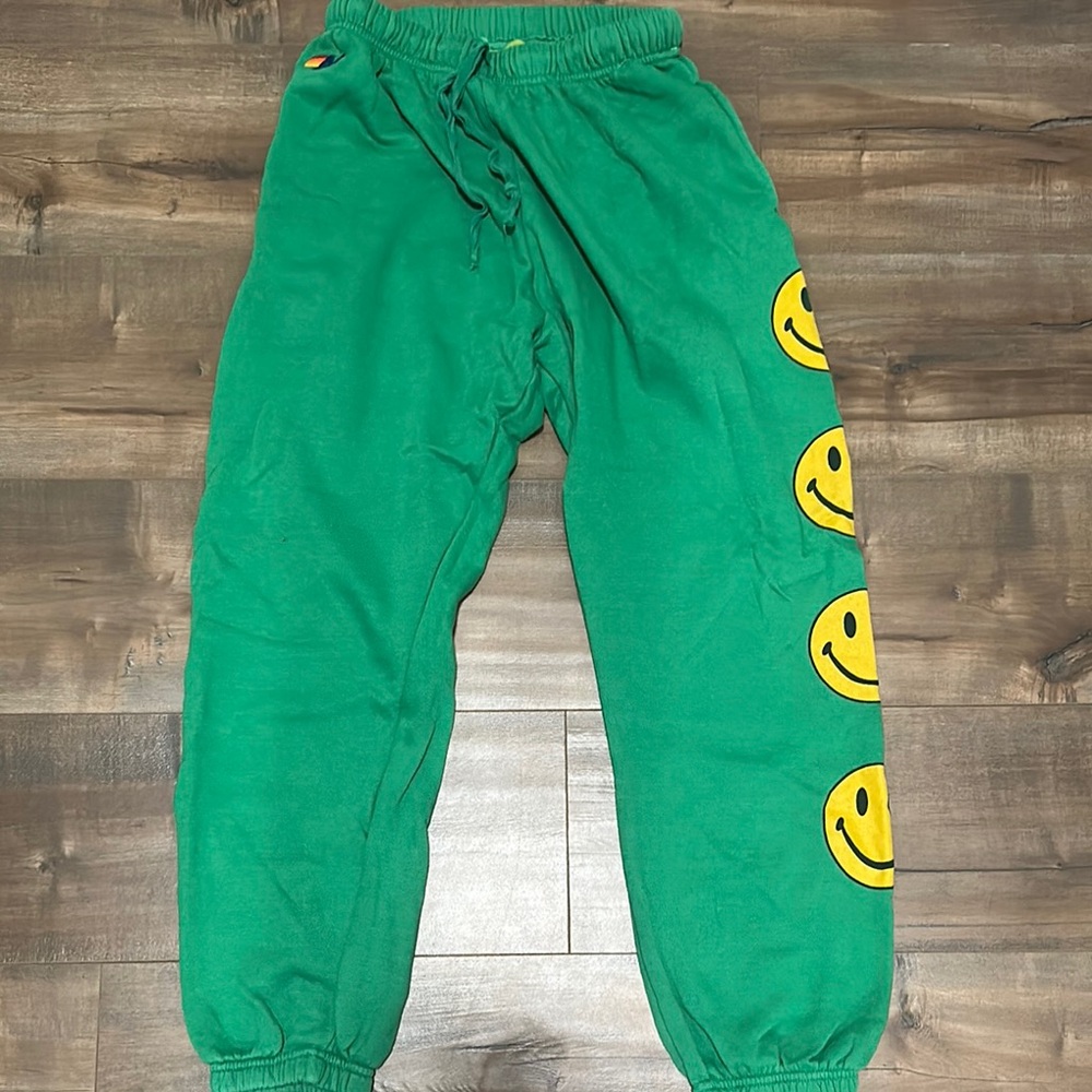 Aviator Nation Green women’s Bottoms with Yellow Smiley Faces